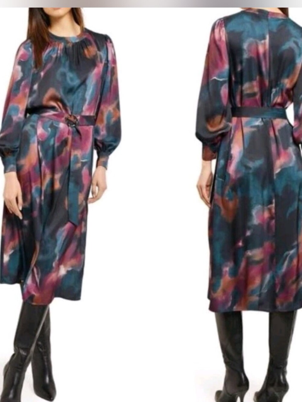 Misook Size Medium Abstract Print Long Sleeve Loose Midi Dress